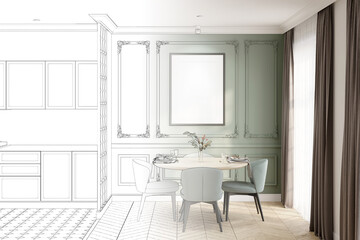 A sketch becomes a real modern classic kitchen and dining room interior with a blank vertical poster above the wooden round dining table, a green wall with classic moldings, kitchen cabinets.3d render