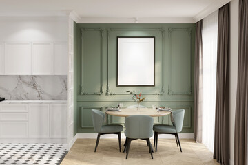 Modern classic kitchen and dining room interior with the illuminated blank vertical poster above the wooden round dining table, a green wall with classic moldings, white kitchen cabinets. 3d render