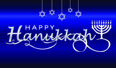 Happy Hanukkah. Festive lettering with menorah, silver color on blue gradient background. Vector with modern font and white wavy ribbon.
