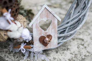 Eco christmas wreath, on gray stone background.
