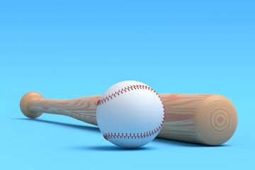 Wooden professional softball or baseball bat and ball on blue background