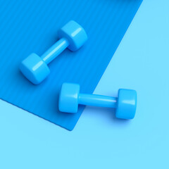 Isometric view of sport equipment like yoga mat and dumbbell on blue