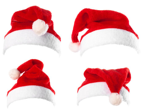 Set of 4 red Santa Claus hats isolated on white background