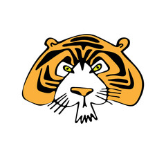 Colored doodling of tiger muzzle sketch as symbol of New Year 2022 in freehand style isolated on white. For sticker, clip art, t-shirt, printing, poster, textiles, greeting card, Christmas poster.