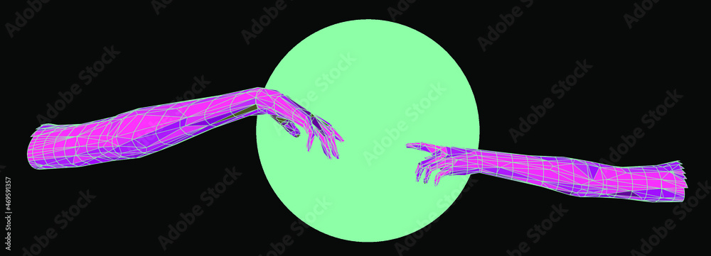 Poster vector 3d model of hands going to touch together, reminiscent of michelangelo's artwork. cyberpunk a