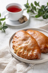 Two freshly baked stuffed pies with ornament isolated on white ceramic plate.Patties baked for snack