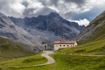 Mountain landscape with a church in the Italian Alps, Italy