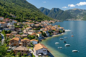Naklejka na ściany i meble Village on the shore of Lake Como, Italy