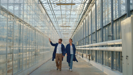Agronomist team walking discuss agribusiness production in farm lab greenhouse.