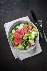 Modern style traditional fried dry aged bison beef rump steak slices with vegetable, lettuce and parmesan cheese served as top view in a Nordic design bowl with copy space