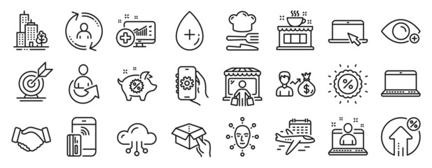 Set of Business icons, such as Cloud computing, Hold box, Share icons. User info, Oil serum, Skyscraper buildings signs. Target goal, App settings, Notebook. Farsightedness, Handshake. Vector