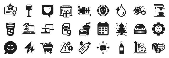 Set of Business icons, such as Christmas tree, Sms, Vip certificate icons. Coffee maker, Time management, Gift shop signs. Wine bottle, Diagram chart, Gears. Bordeaux glass, Budget, Heart. Vector