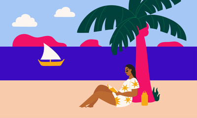 Illustration of woman reading book at the beach