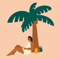 Illustration of woman reading under coconut tree