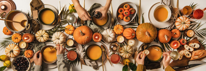 Hands of people eating pumpkin soup over decorated table