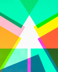 Christmas tree shaped frame. Minimalistic colorful New Year concept. Creative winter holiday flat lay idea. Vibrant Xmas banner with copy space.