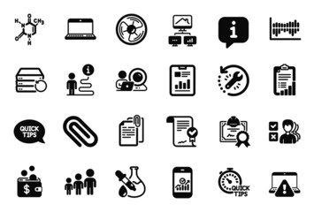 Vector Set of Education icons related to Air fan, Online warning and Opinion icons. Paper clip, Quick tips and Smartphone statistics signs. Certificate, Approved agreement and Work home. Vector