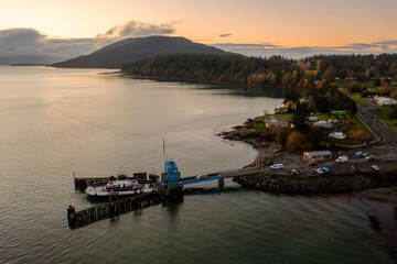 Aerial View of a Small Car Ferry Servicing Lummi Island, Washington. Transportation to and from the...