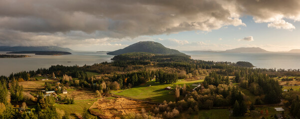 Panoramic Aerial View of Lummi Island Just After a Heavy Rainstorm.  This scenic small island in the Salish Sea is just a short distance away from Bellingham, Washington. - 469593591