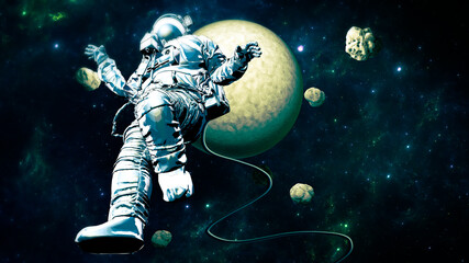 Fototapeta premium Astronaut floating in space. New worlds and unexplored galaxies. Asteroids and planets. Uninhabited rock masses. Sci-fi. Exploration of new worlds. 3d rendering