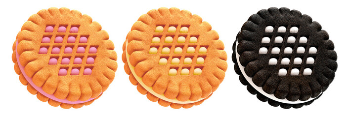 Sandwich cookies with milk cream. 3d illustration. Isolated on white background.