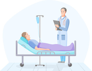 Patient and doctor in hospital room, person on intravenous therapy treatment in ward, ill men on recovery in clinic, healthcare concept, vector