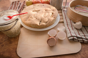 Cooked airy and delicious apple biscuit top view.