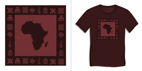 Africa Map with African hieroglyphs, Adinkra symbols, isolated on background, t-shirt graphics design vector