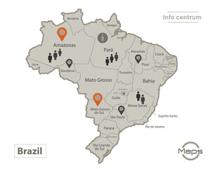 Brazil map, individual regions with names, Infographics and icons vector