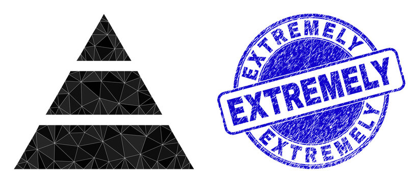 Lowpoly polygonal pyramide icon illustration, and Extremely rubber seal. Blue seal has Extremely caption inside circle it. Pyramide icon filled with triangles.