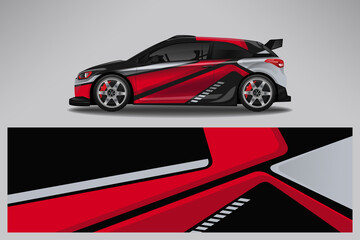 Obraz premium Car wrap design race livery vehicle vector. Graphic abstract stripe racing background kit designs for vehicle, race car, rally, adventure and livery