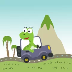 Fotobehang cute dinosaur driving a car go to forest funny animal cartoon. Creative vector childish background for fabric, textile, nursery wallpaper, poster, card, brochure. and other decoration. © Hijaznahwani