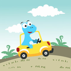 Fototapeta premium cute dinosaur driving a car go to forest funny animal cartoon. Creative vector childish background for fabric, textile, nursery wallpaper, poster, card, brochure. and other decoration.