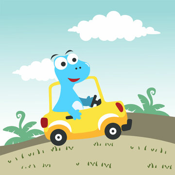 cute dinosaur driving a car go to forest funny animal cartoon. Creative vector childish background for fabric, textile, nursery wallpaper, poster, card, brochure. and other decoration.