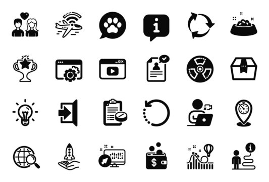 Vector Set of Business icons related to Airplane wifi, Chemical hazard and Exit icons. Resume document, Idea and Timer signs. Couple love, Package box and Web search. Web system, Pets care. Vector