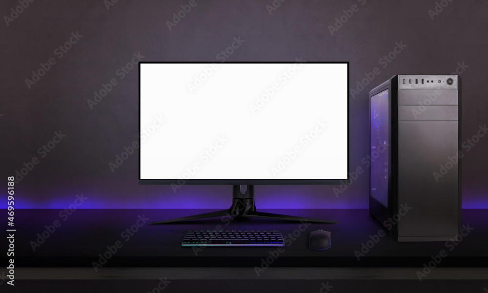 Poster gaming computer with isolated screen for mockup on desk. modern computer hardware with gaming led li