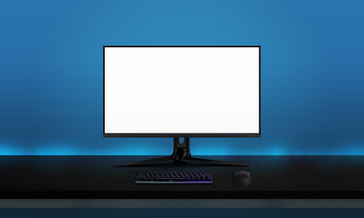 Gaming display mockup on black desk with gaming keyboard and mouse. Blue wall with ambient lights in background. Game promotion concept