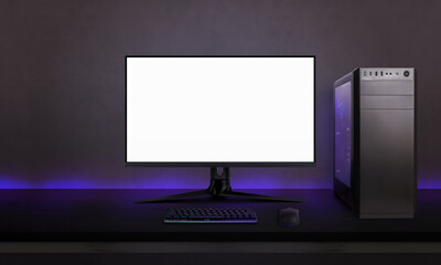 Gaming computer with isolated screen for mockup on desk. Modern computer hardware with gaming led lights © Stanisic Vladimir