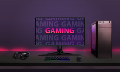 Modern desktop gaming setup on desk with led lights in background. Modern gaming font concept on computer display © Stanisic Vladimir