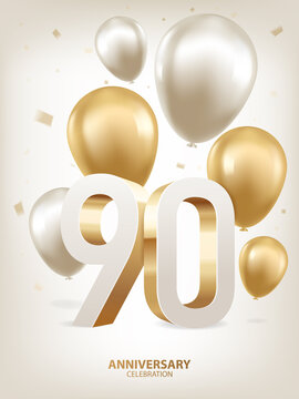 90th Year anniversary celebration background. Golden and silver balloons with confetti on white background with 3D numbers.