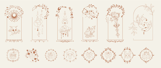 Esoteric Linear Boho Logos and Frames elements. Boho arch frame with celestial moth, moon, flower. Magic woman boho of graceful feminine esoteric symbols set.  Mystical vector illustration © ZinetroN