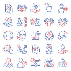 People icons set. Included icon as Face accepted, Smile, Builders union signs. Apartment insurance, Insurance hand, User call symbols. Skin care, Hold t-shirt, Engineer. Medical mask, Gift. Vector