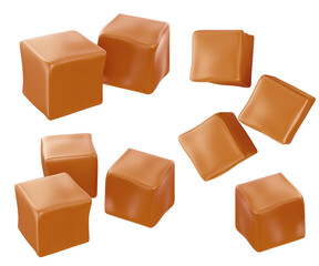 set of caramel cube. 3d illustration. Isolated on white background