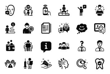 Vector Set of People icons related to Business podium, Hiring employees and Idea icons. Family insurance, Clean hands and Smile signs. Vision test, Brand ambassador and Businessman person. Vector