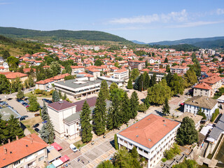 Aerial view of center of town of Troyan, Bulgaria