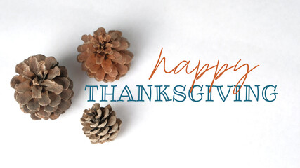 Happy Thanksgiving background with pine cones for rustic modern holiday greeting.