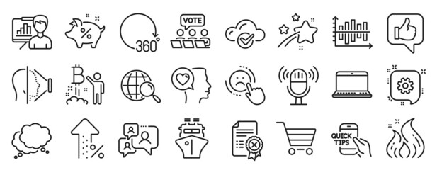 Set of Technology icons, such as Microphone, Cogwheel, Romantic talk icons. Notebook, Ship, Web search signs. Presentation board, Like, Cloud computing. Falling star, Increasing percent. Vector