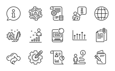 Science icons set. Included icon as Vaccination passport, Report, Globe signs. Engineering, Recovery ssd, Document attachment symbols. Settings blueprint, Growth chart, Settings gear. Vector