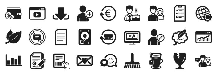 Set of simple icons, such as Cleaning mop, Businessman case, Add user icons. Stop talking, Download, Tea signs. Globe, Video content, Interview. Dating, Mint leaves, Teamwork. Document. Vector