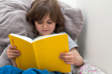 Cute, little boy sitting comfortably and reading from yellow book.